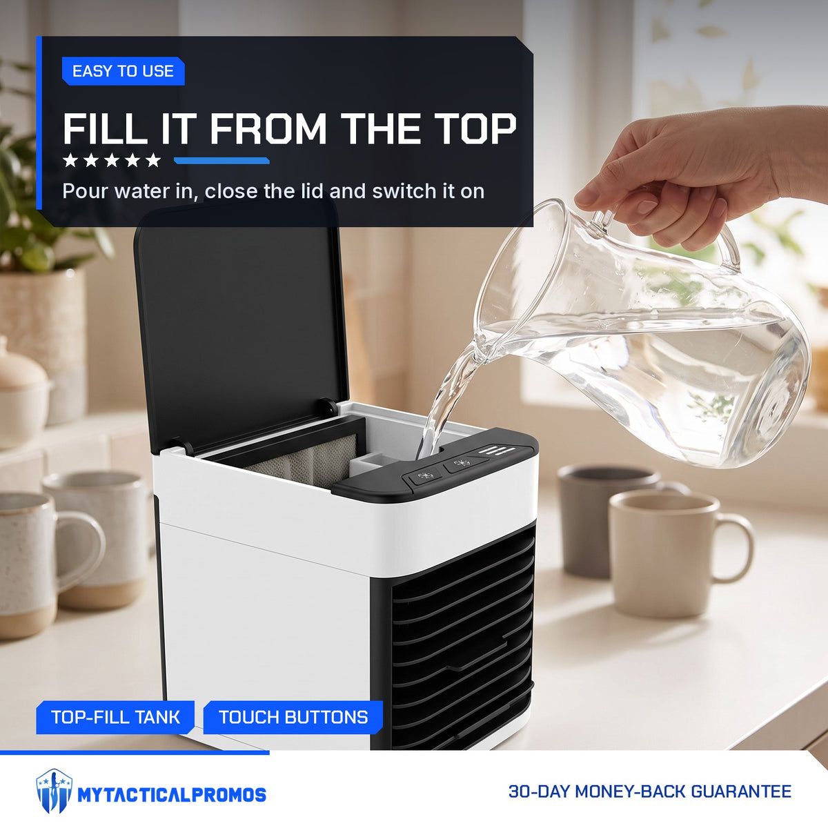 Mini Air Cooler with lid open being filled with water from a pitcher