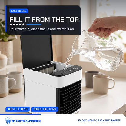 Mini Air Cooler with lid open being filled with water from a pitcher