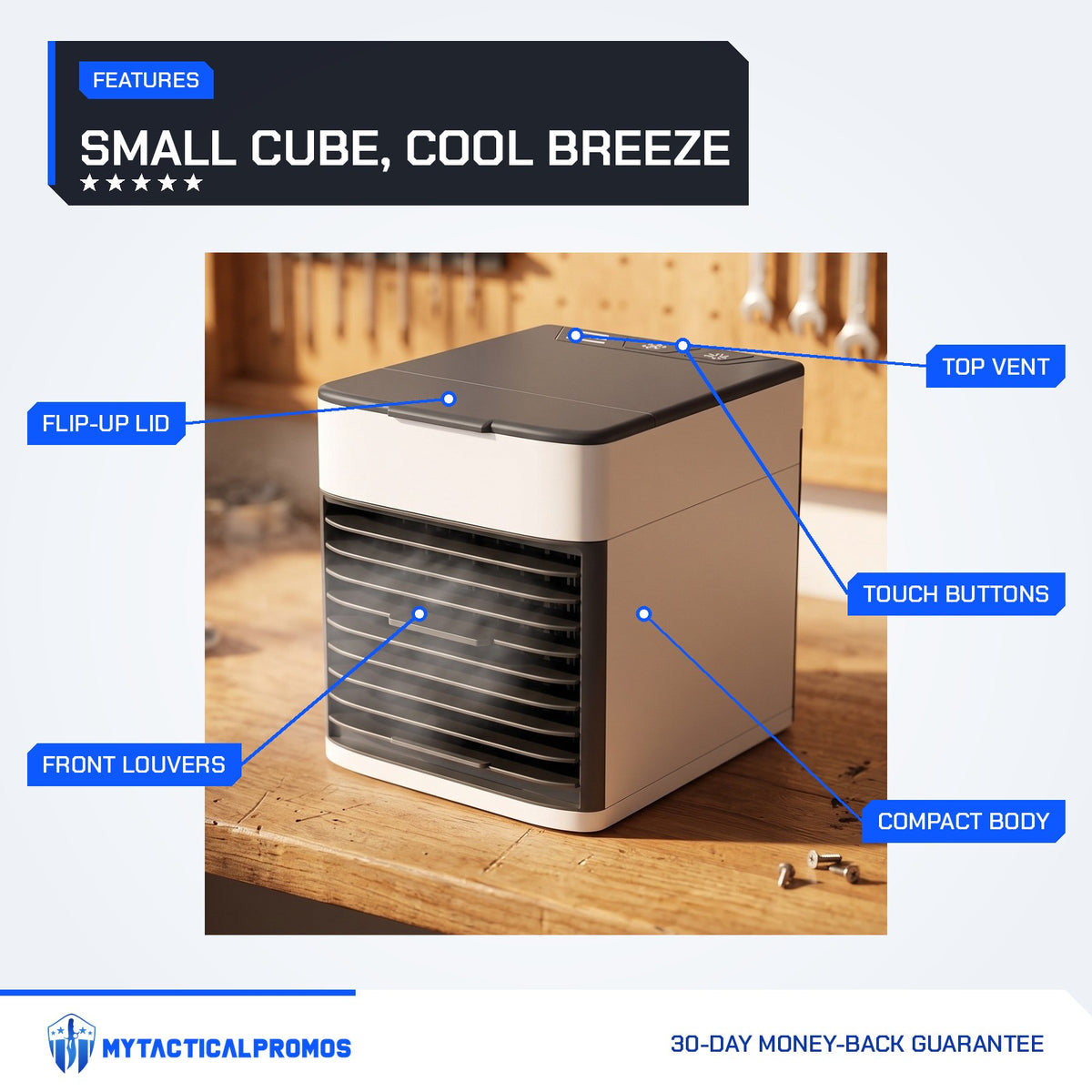 Mini Air Cooler features labeled: flip-up lid, front louvers, top vent, touch buttons, compact body