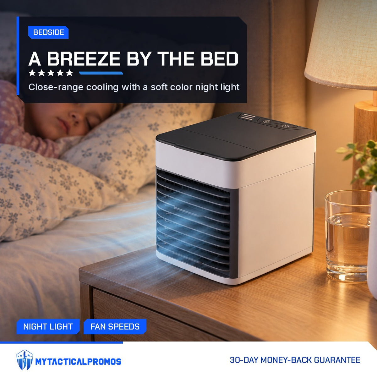 Mini Air Cooler on a nightstand next to a bed