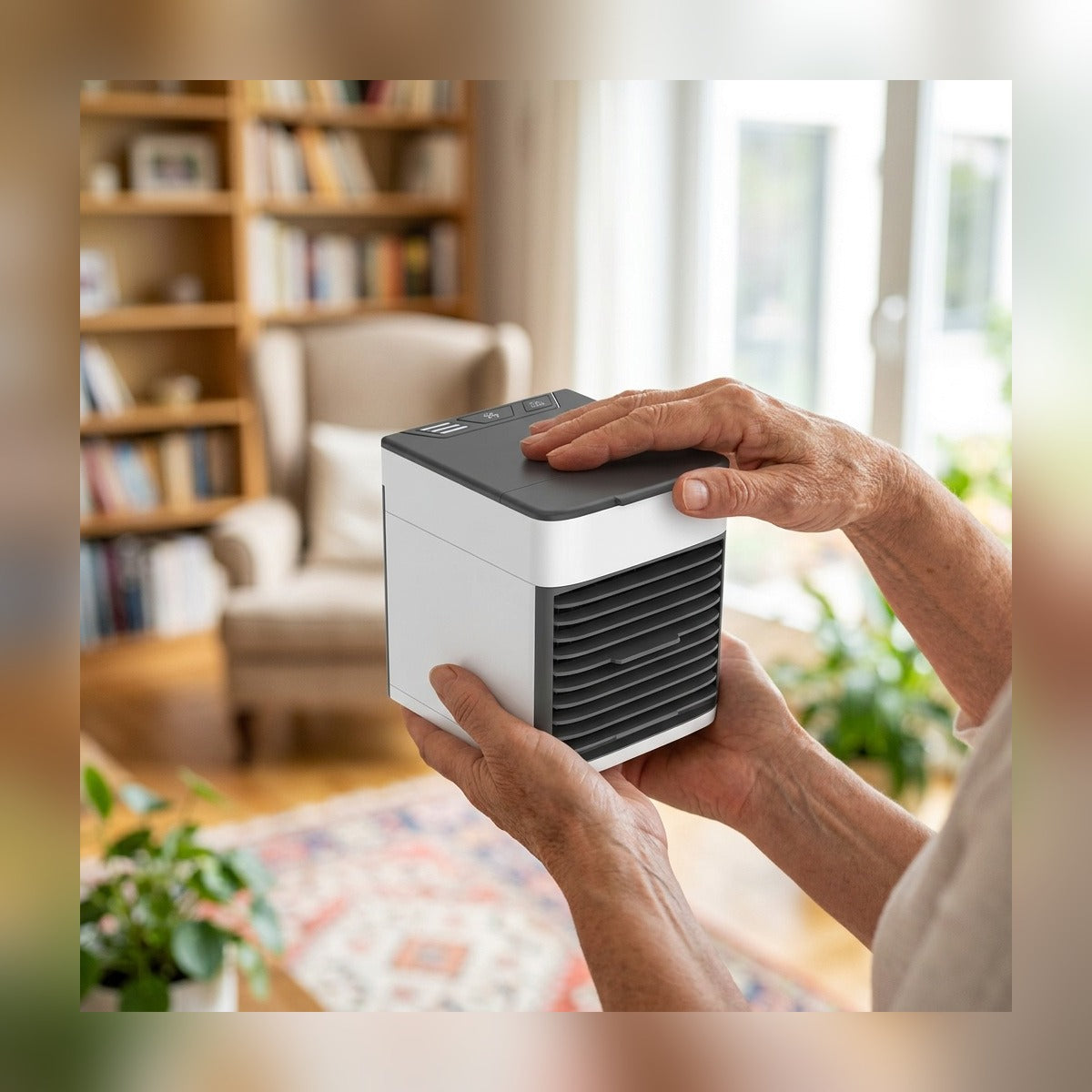 Mini Air Cooler held in two hands to show its small size