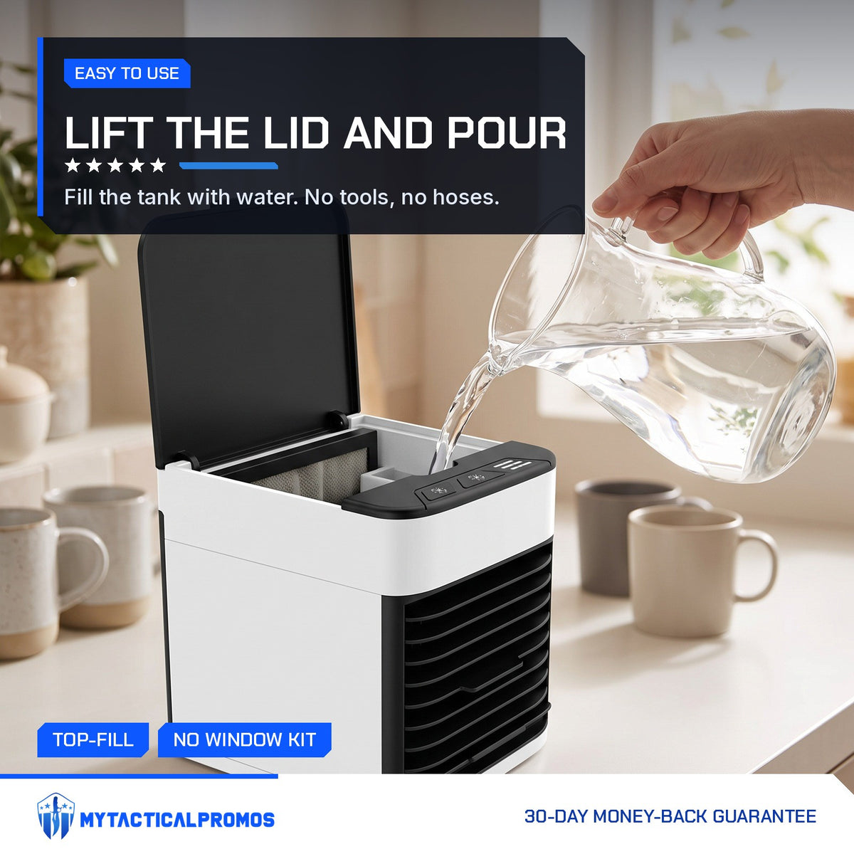 Mini Air Cooler with the lid open being filled with water from a pitcher