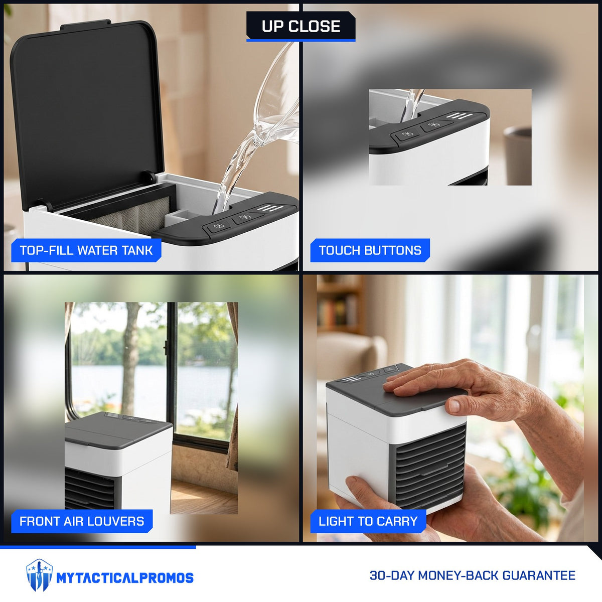 Mini Air Cooler close-ups: top-fill water tank, touch buttons, front air louvers, light to carry