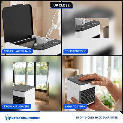 Mini Air Cooler close-ups: top-fill water tank, touch buttons, front air louvers, light to carry