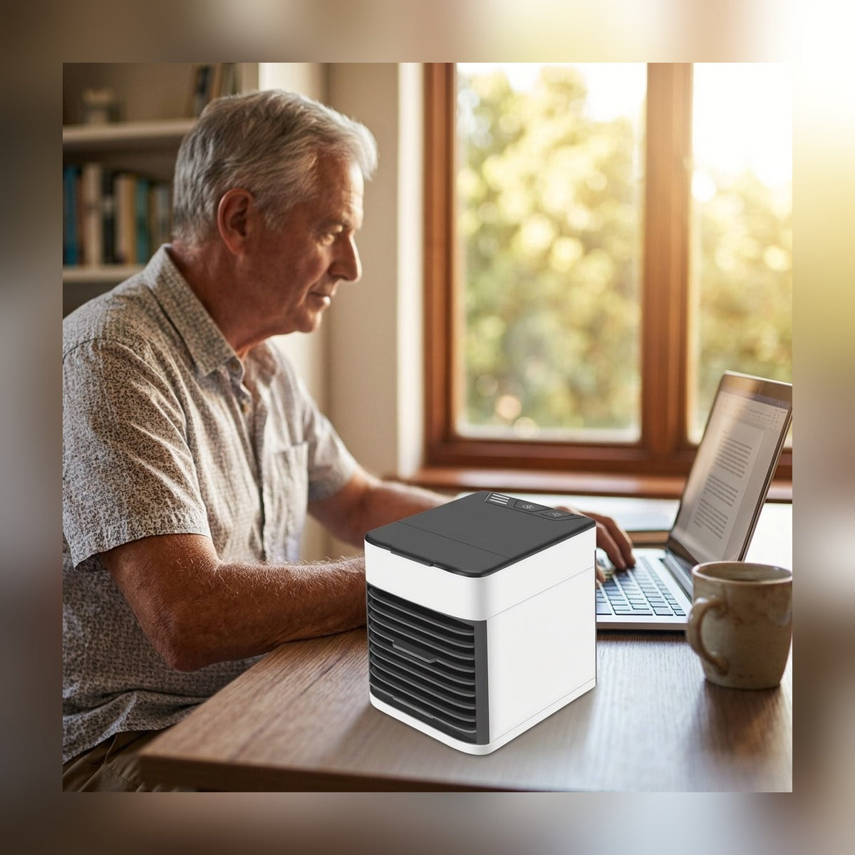 Mini Air Cooler on a home office desk next to a man working on a laptop