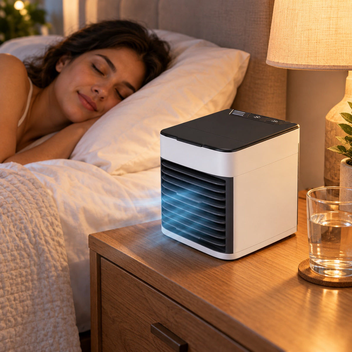 Mini Air Cooler on a nightstand beside a sleeping woman