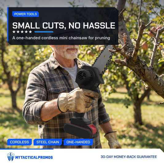 Mini Cordless Chainsaw held one-handed while pruning an apple tree
