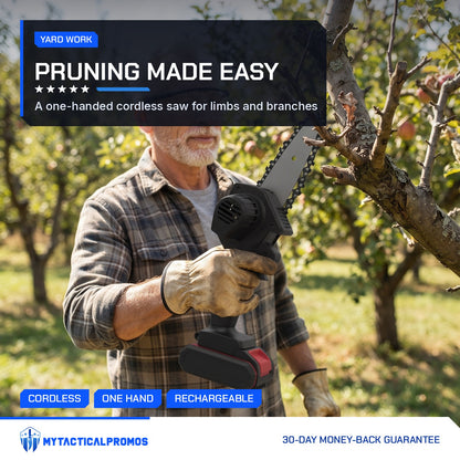 Mini Cordless Chainsaw pruning an apple tree branch in an orchard
