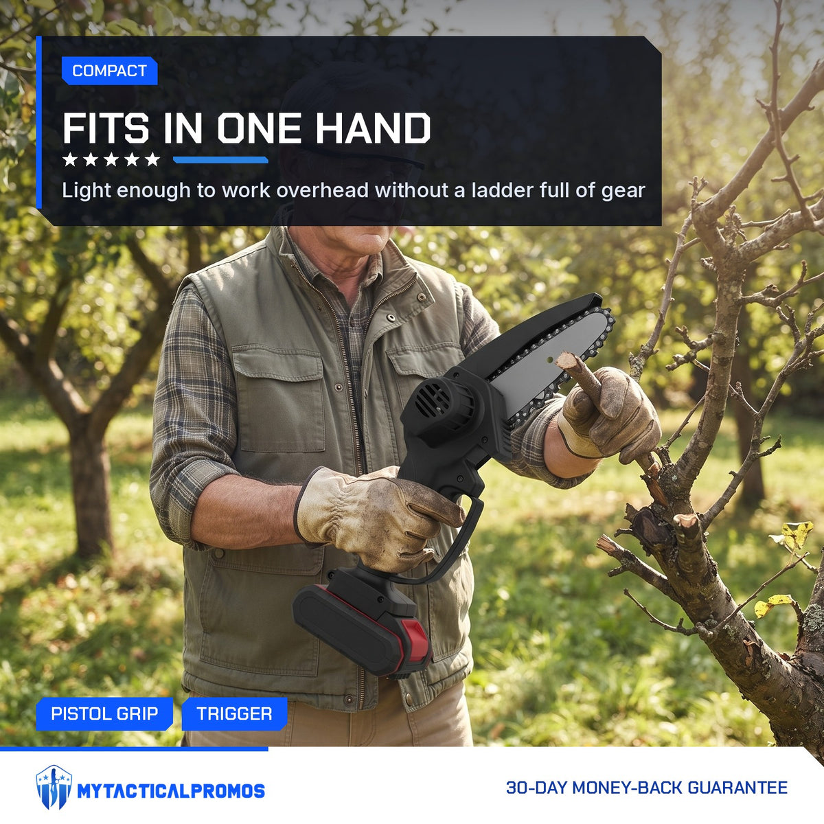Man holding the Mini Cordless Chainsaw in gloved hands in the garden
