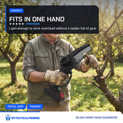 Man holding the Mini Cordless Chainsaw in gloved hands in the garden