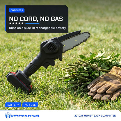 Mini Cordless Chainsaw on the lawn beside cut branches and work gloves