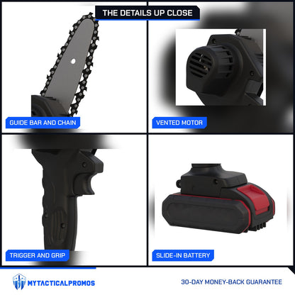 Mini Cordless Chainsaw close-ups: guide bar and chain, vented motor, trigger and grip, slide-in battery