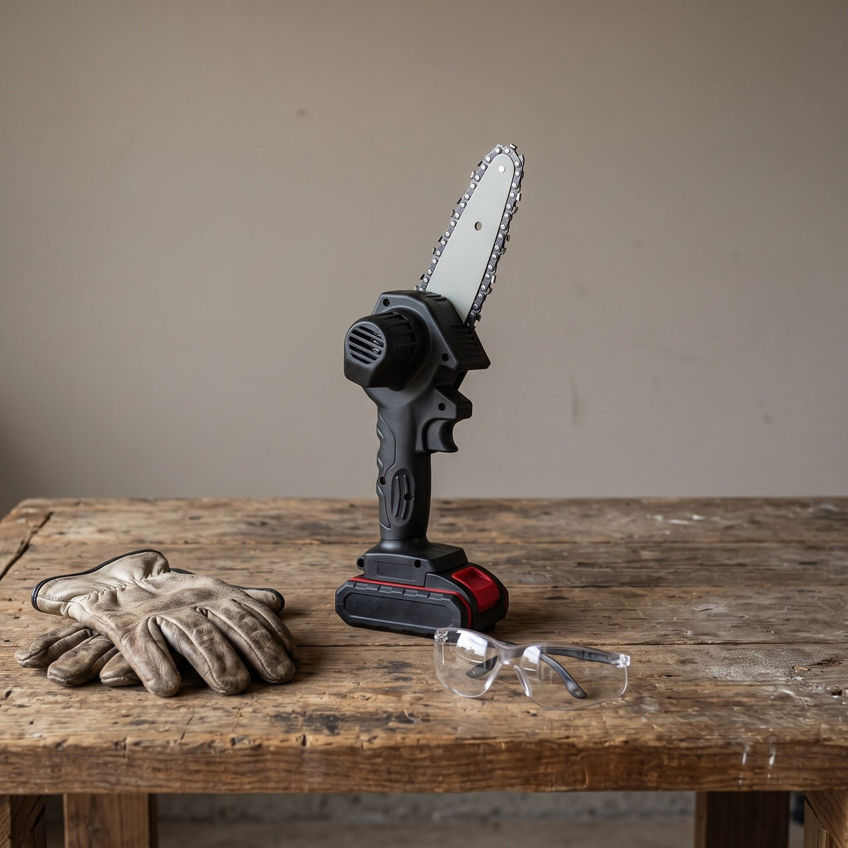 Mini Cordless Chainsaw standing on a wooden workbench with gloves and safety glasses