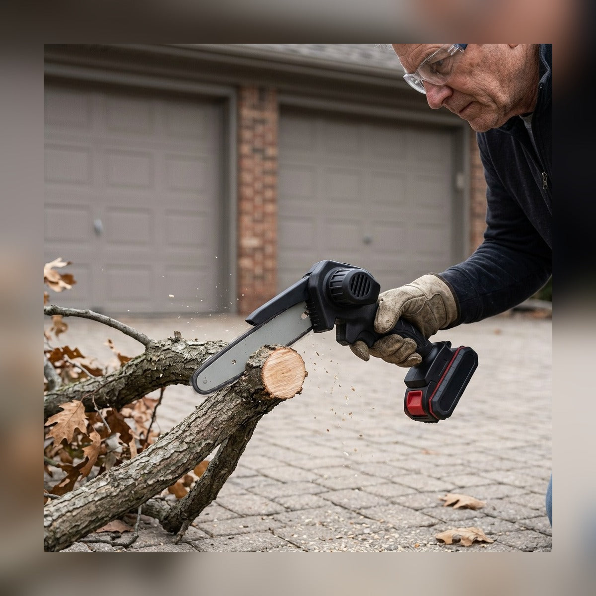 Man cutting a fallen storm branch in his driveway with the Mini Cordless Chainsaw