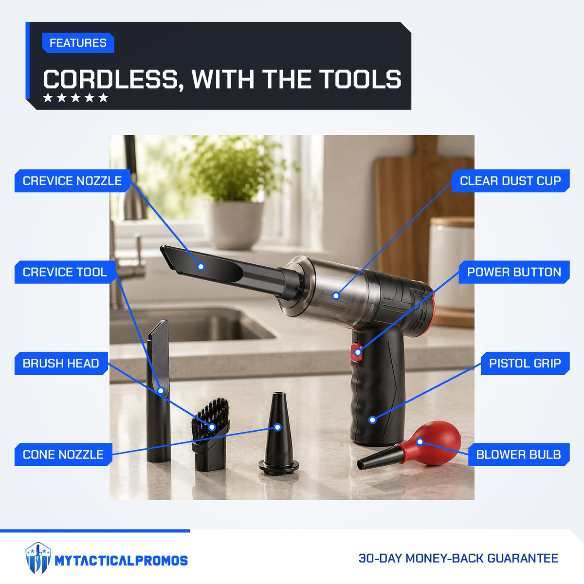 Mini Vacuum features labeled: crevice nozzle, crevice tool, brush head, cone nozzle, clear dust cup, power button, pistol grip, blower bulb