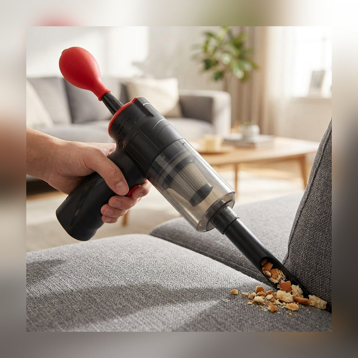 Mini Vacuum held in one hand picking crumbs from sofa cushions
