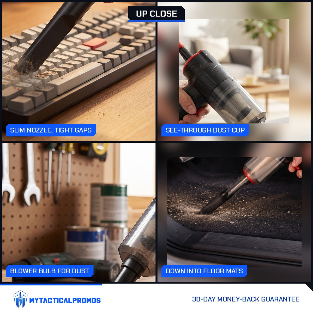 Mini Vacuum close-ups: slim nozzle in tight gaps, see-through dust cup, blower bulb for dust, reaching into car floor mats