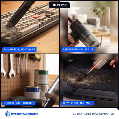 Mini Vacuum close-ups: slim nozzle in tight gaps, see-through dust cup, blower bulb for dust, reaching into car floor mats