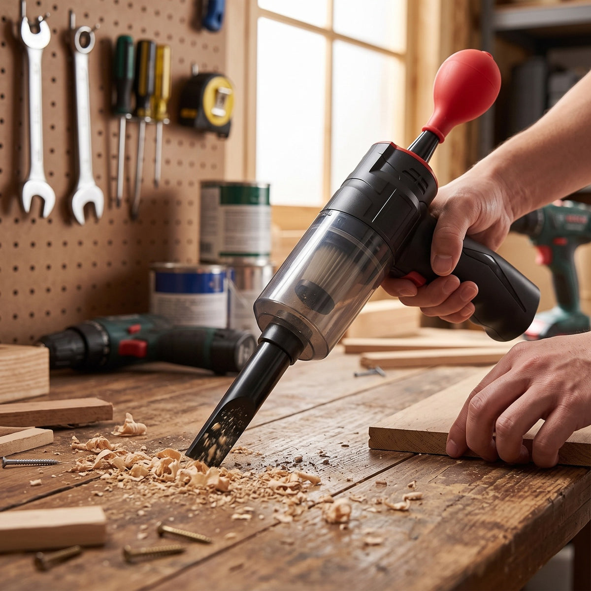 Mini Vacuum cleaning sawdust off a garage workbench