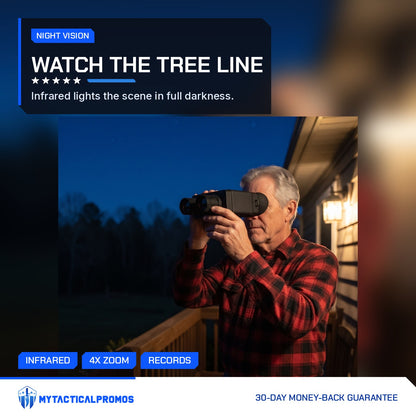 Night Vision Binoculars used by a man on a back porch at night