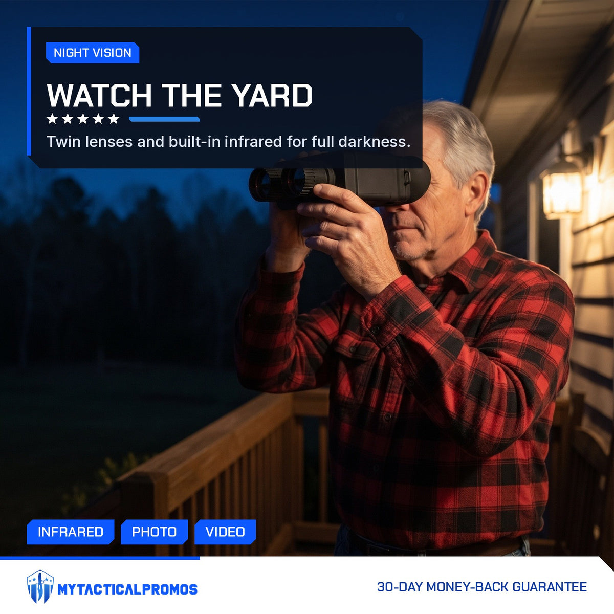 Man using the Night Vision Binoculars from a cabin porch at night