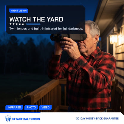 Man using the Night Vision Binoculars from a cabin porch at night