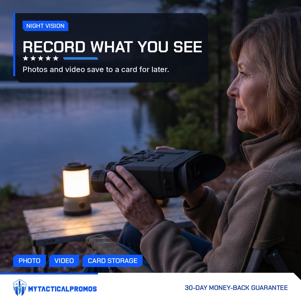 Night Vision Binoculars held by a woman at a lakeside campsite at dusk