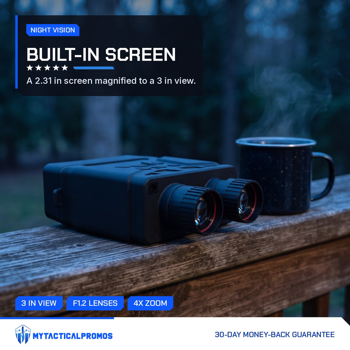 Night Vision Binoculars on a deck railing beside a coffee mug