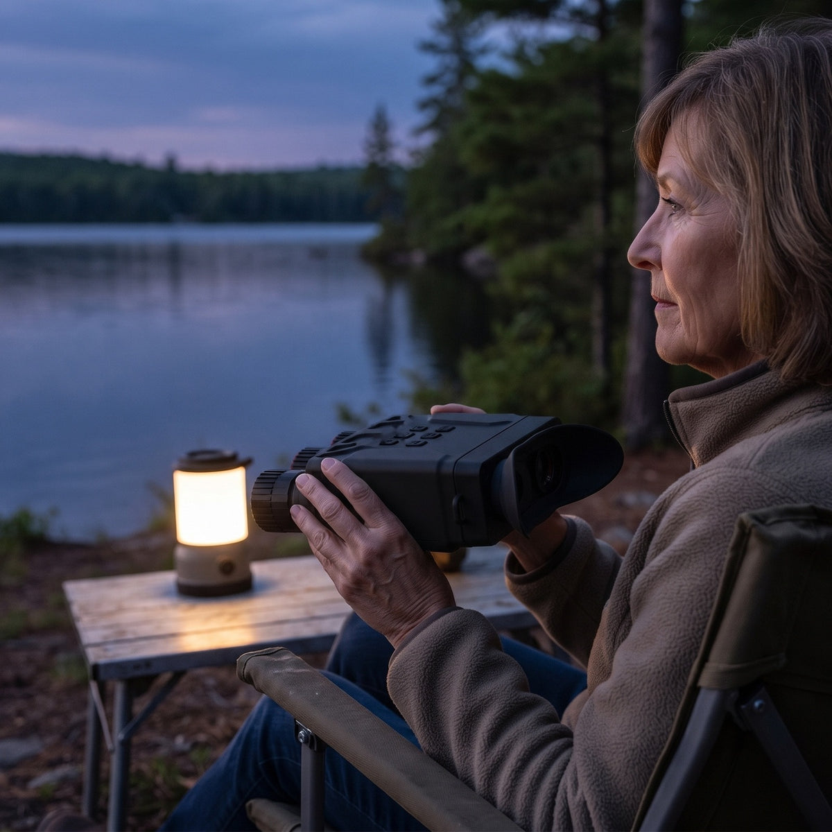 Woman holding the Night Vision Binoculars at a lakeside campsite at dusk