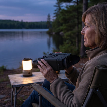 Woman holding the Night Vision Binoculars at a lakeside campsite at dusk