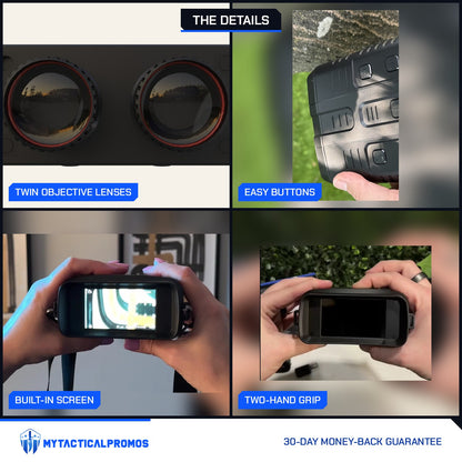 Night Vision Binoculars close-ups: twin objective lenses, easy buttons, built-in screen, two-hand grip