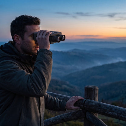 Man glassing a mountain valley at dusk with the Night Vision Binoculars