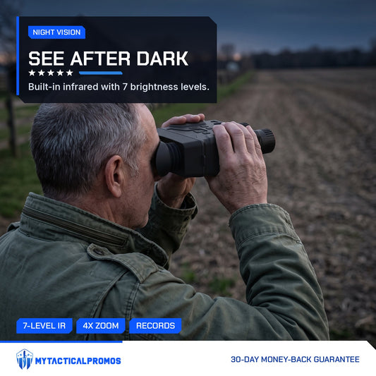 Night Vision Goggles in use by a man checking a farm field at dusk