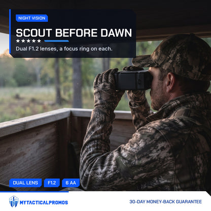 Hunter scanning from a wooden blind with the Night Vision Goggles