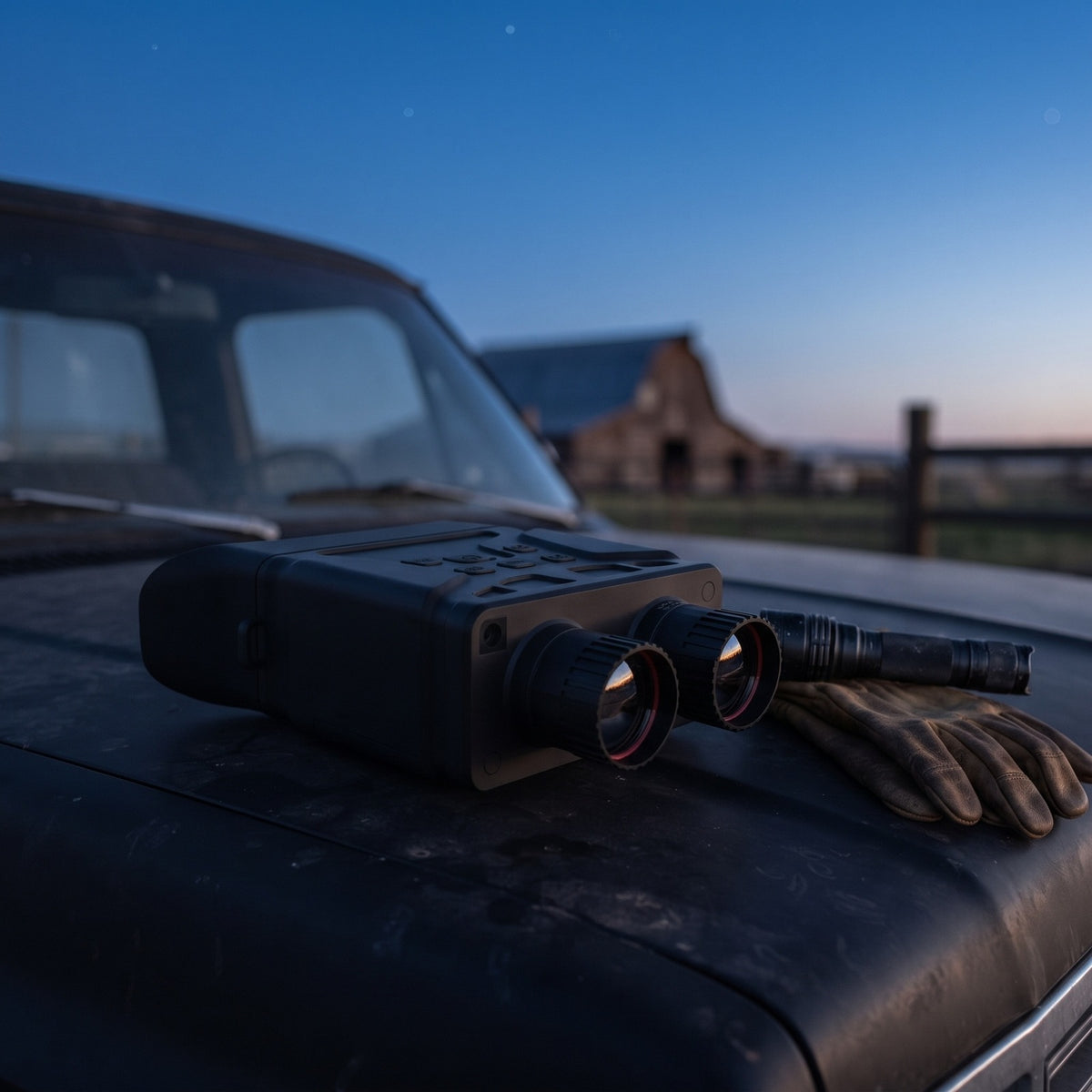 Night Vision Goggles resting on a truck hood at a farm at twilight