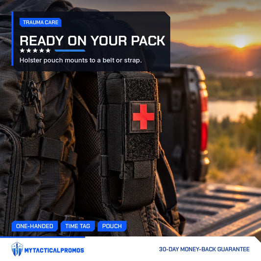 One-Arm Tourniquet Kit holster pouch mounted on a backpack strap at sunset