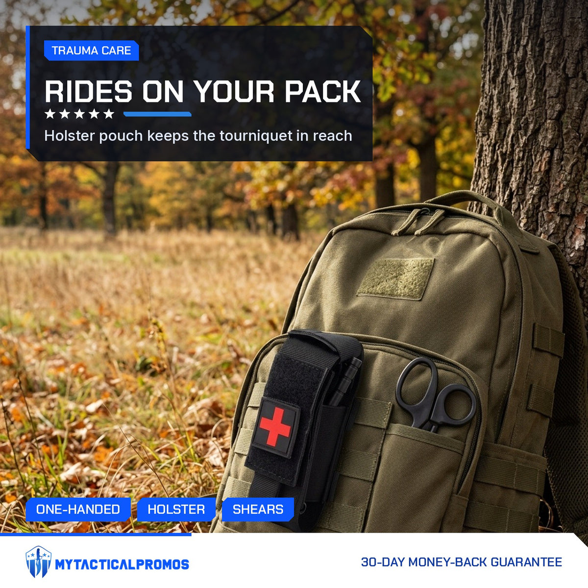 One-Arm Tourniquet Kit holster pouch with shears strapped to a backpack leaning on a tree