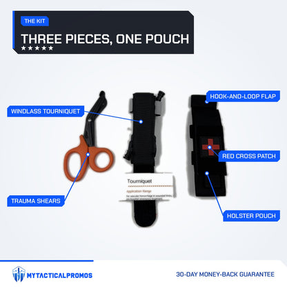 One-Arm Tourniquet Kit labeled: windlass tourniquet, trauma shears, hook-and-loop flap, red cross patch, holster pouch
