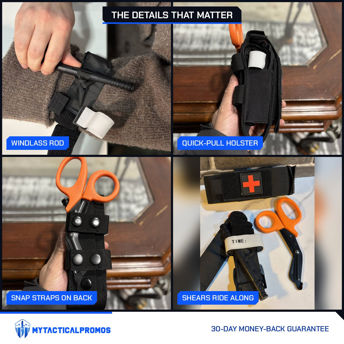 One-Arm Tourniquet Kit close-ups: windlass rod, quick-pull holster, snap straps on the back, shears riding along