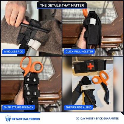 One-Arm Tourniquet Kit close-ups: windlass rod, quick-pull holster, snap straps on the back, shears riding along