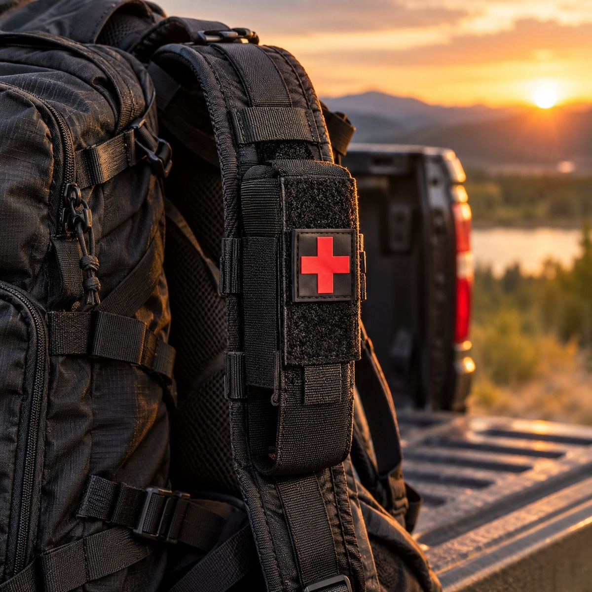 One-Arm Tourniquet Kit holster on a backpack at a pickup tailgate at sunset