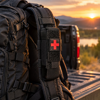 One-Arm Tourniquet Kit holster on a backpack at a pickup tailgate at sunset