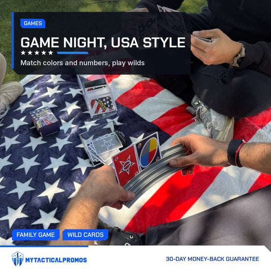ONE American Card Game being played on a stars and stripes blanket