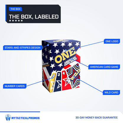 ONE American Card Game box features labeled: ONE logo, American Card Game title, number cards, WILD card, stars-and-stripes design