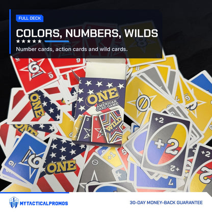 ONE American Card Game deck spread out with number, Draw 2 and wild cards