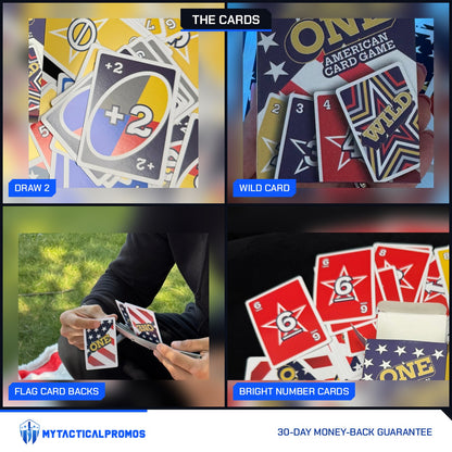 ONE American Card Game close-ups: Draw 2 card, WILD star card, stars-and-stripes card back, colored number cards