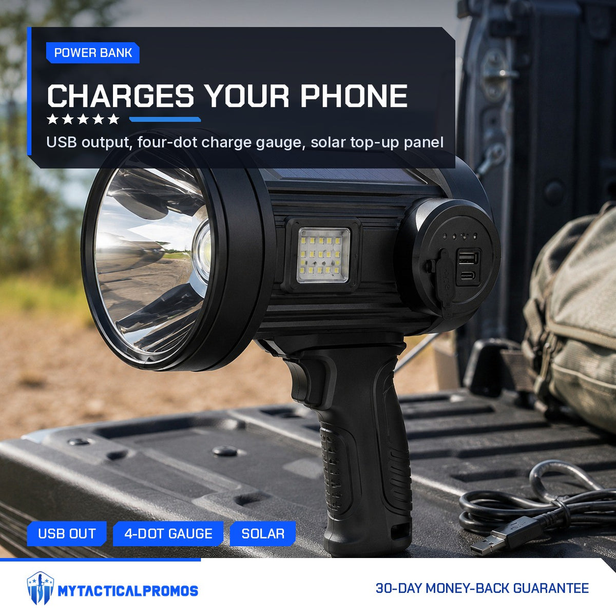 Outdoor Search Light on a truck tailgate with its USB ports and charge gauge