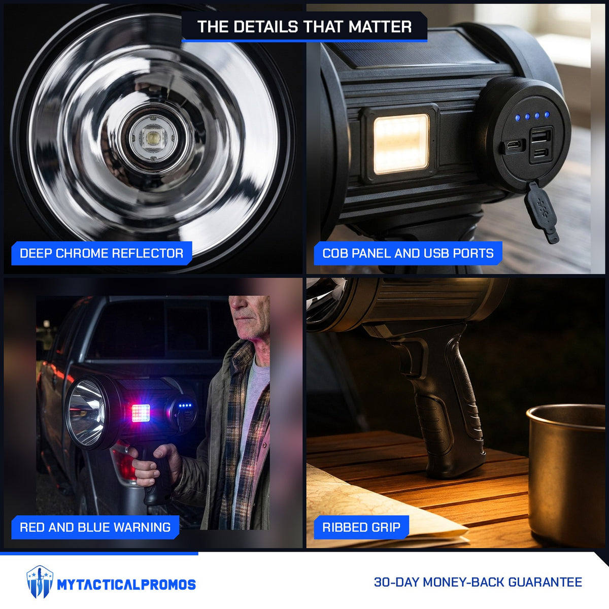 Outdoor Search Light close-ups: deep chrome reflector, COB panel with charge dots and USB ports, red and blue warning flash, ribbed grip