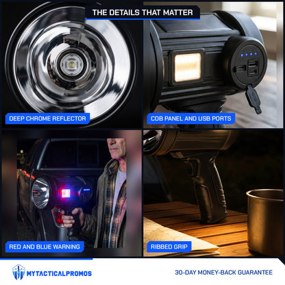 Outdoor Search Light close-ups: deep chrome reflector, COB panel with charge dots and USB ports, red and blue warning flash, ribbed grip
