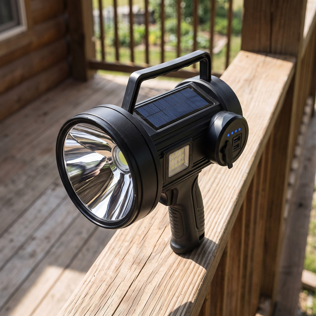 Outdoor Search Light on a sunny porch railing, solar panel and carry loop on top